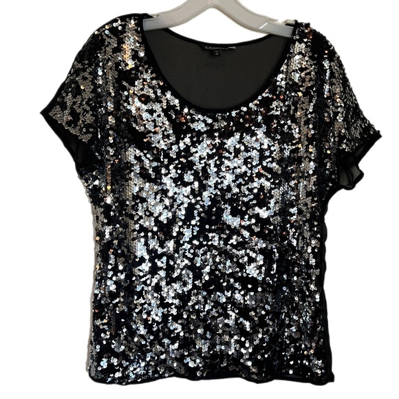 Express | Black & Silver Sequin Shortsleeved Top - Size Small - Picture 1 of 12